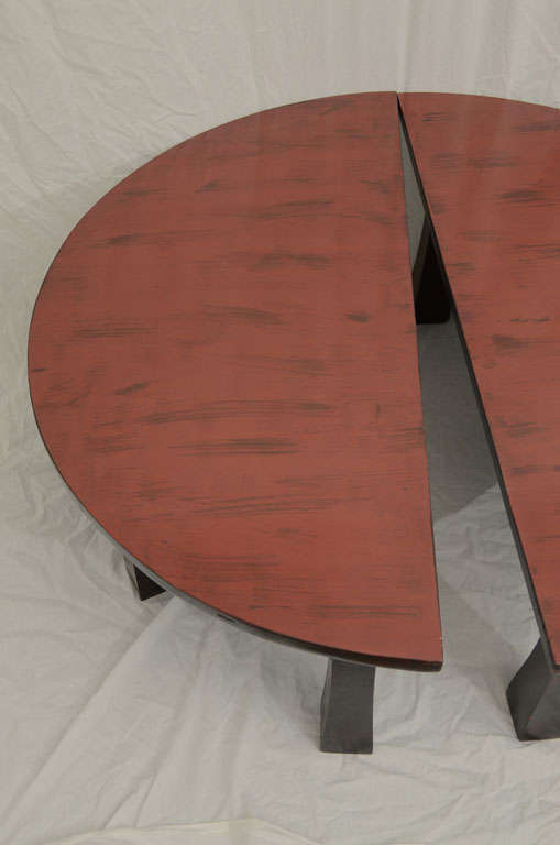Japanese Mid Century, Red and Black Lacquered Demilune Tea Tables  For Sale