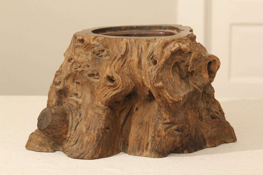 Beautiful and rare old Japanese wood tree trunk hibachi lined in copper.