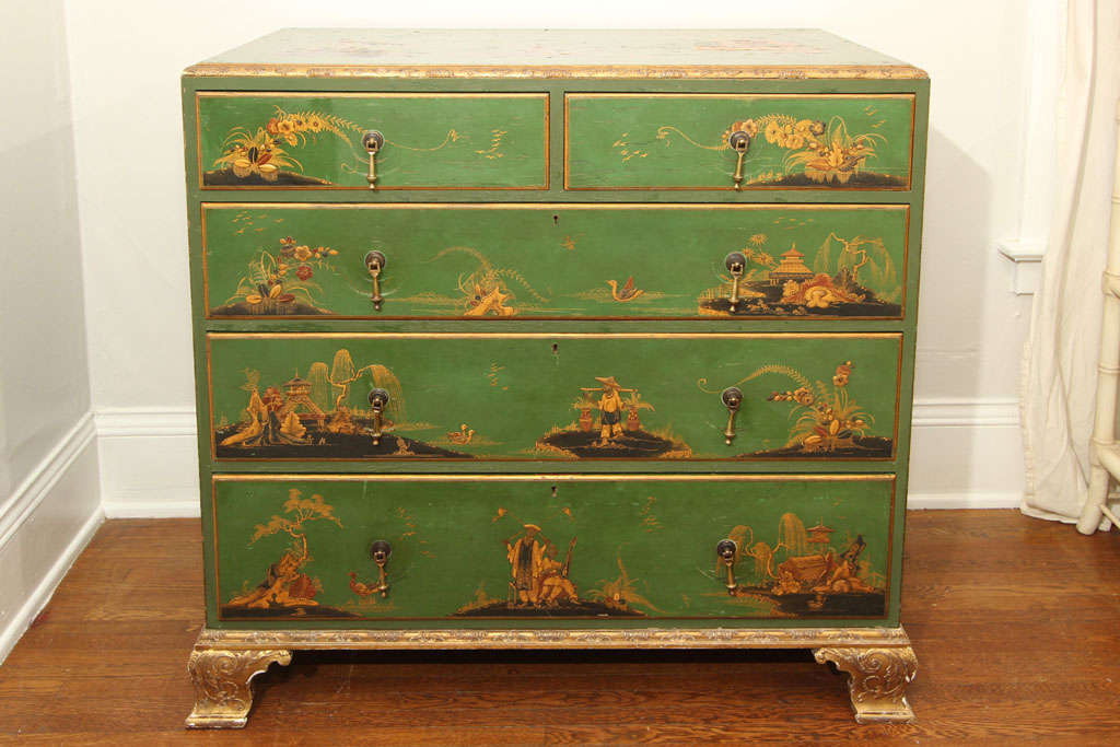 Beautiful and unique color late 19th century chinoiserie commode with original decorations. 3 long drawers and two smaller top drawers. English in origin but purchased in Paris.