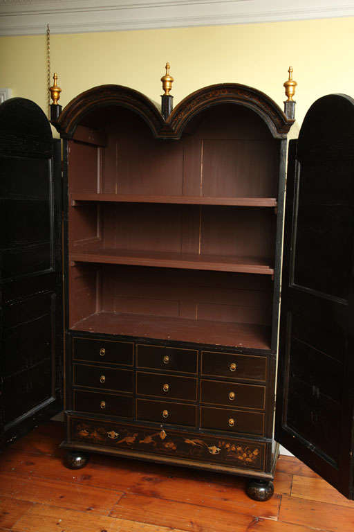 Early 18th Century Queen Anne Period Antique Japanned Wardrobe Cabinet. English, circa 1700 For Sale
