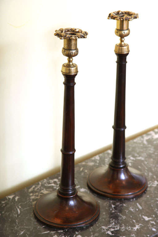 Cast Pair of Antique Georgian Mahogany and Brass Candlesticks, English, circa 1800 For Sale
