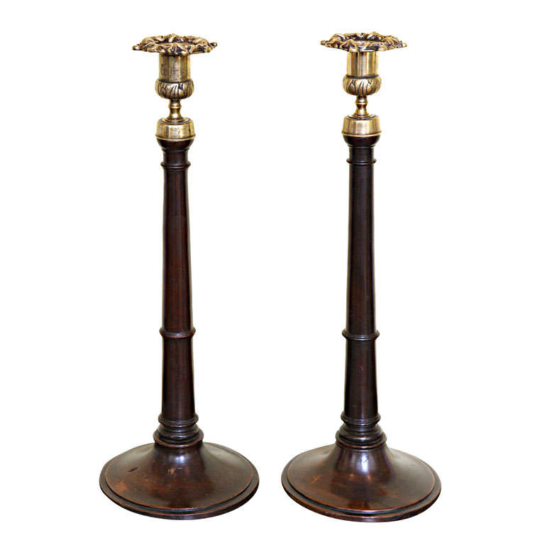 Pair of Antique Georgian Mahogany and Brass Candlesticks, English, circa 1800 For Sale