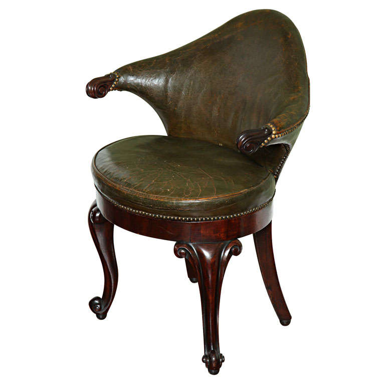 Antique Mahogany & Leather Music Chair, Dutch C.1840
