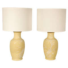 2 Pale Yellow Chinese Lamps with White Floral Pattern