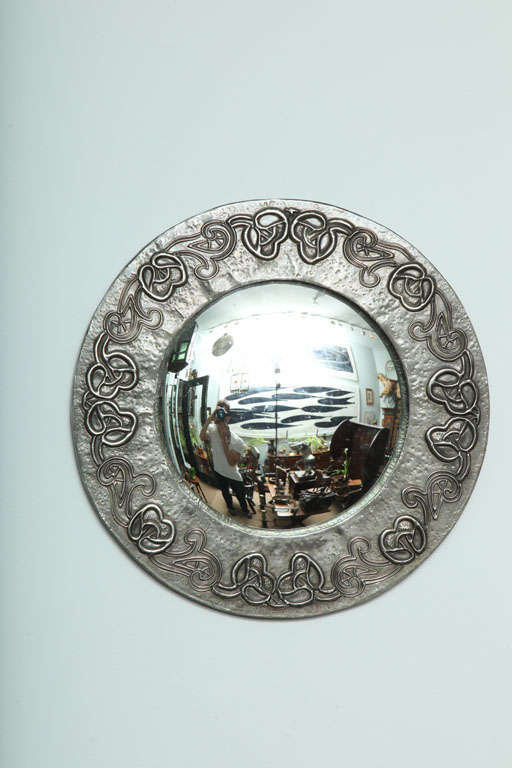 An English Arts & Crafts Hand-Hammered Pewter Round Mirror 2