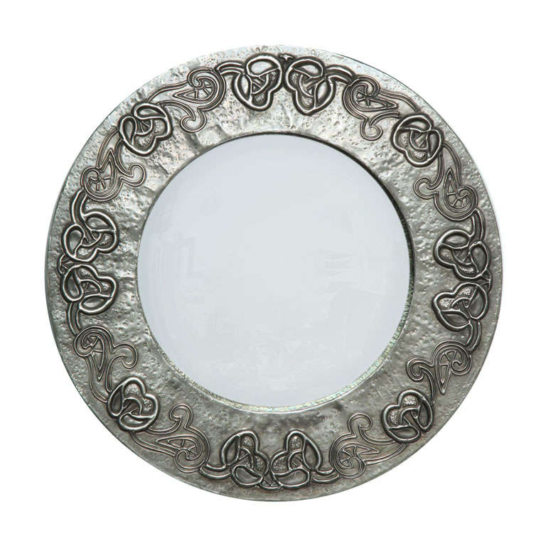 An English Arts & Crafts Hand-Hammered Pewter Round Mirror