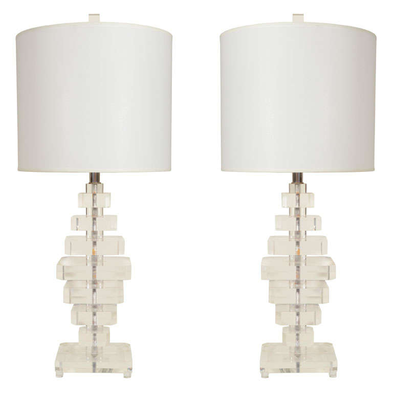 Pair of Springer Style Stacked Lucite Lamps