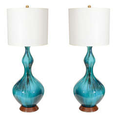 Pair of Italian Blue Striated Glazed Ceramic Lamps