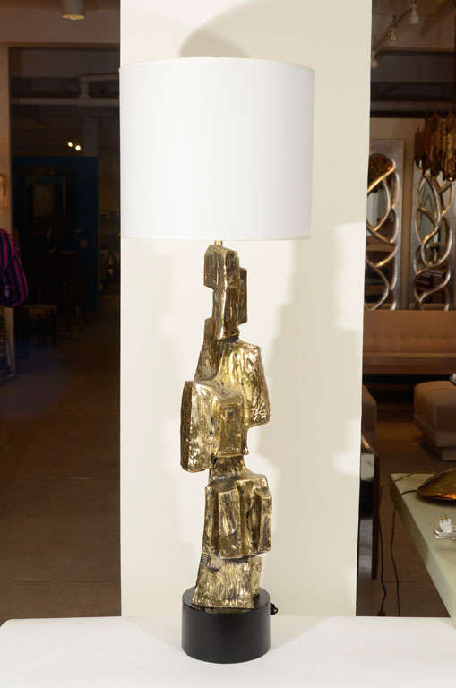 Exceptional pair of Paul Evans style bronze lamps on blackened steel bases. Manufactured by Laurel.
