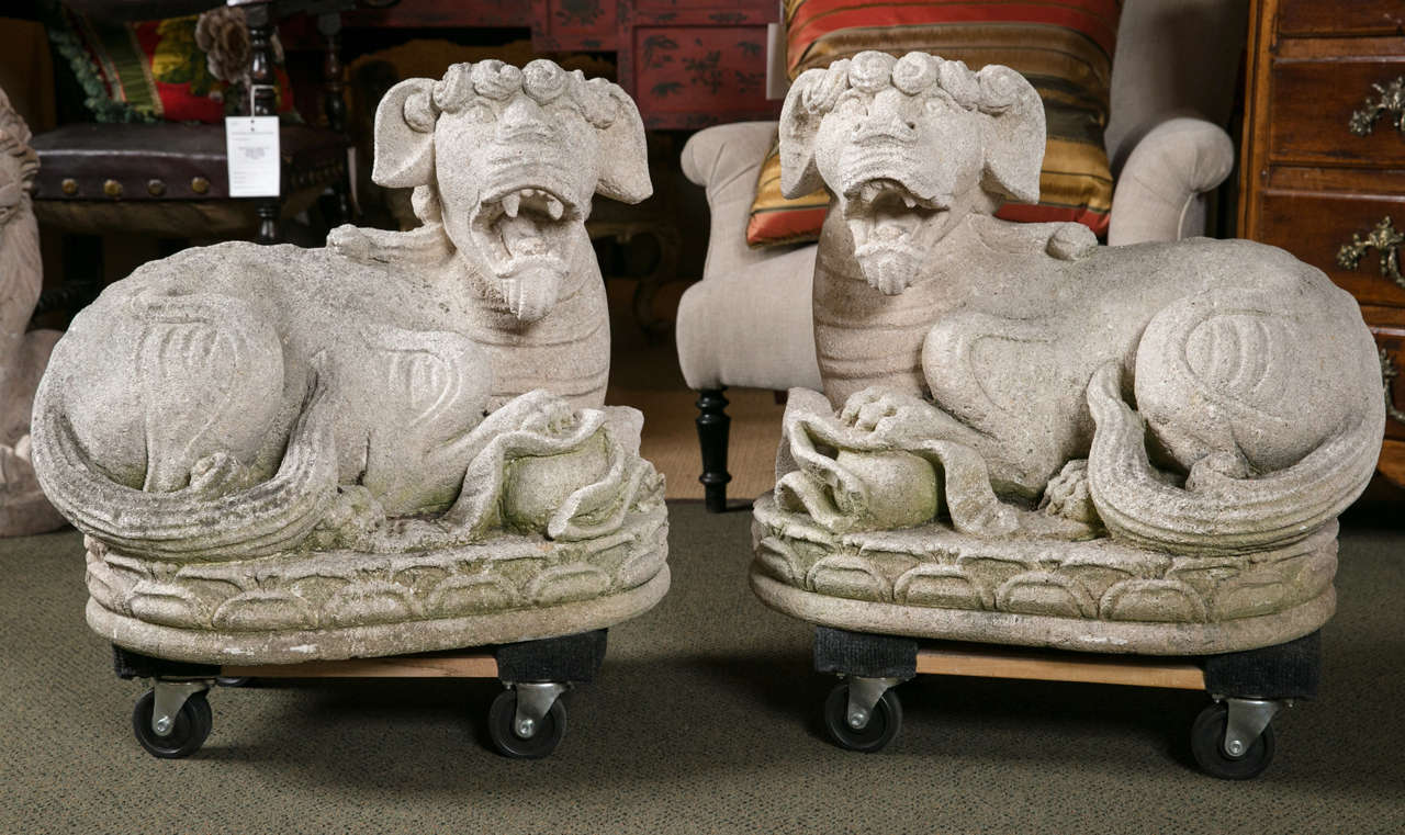 A pair of Asian carved stone Foo dogs.