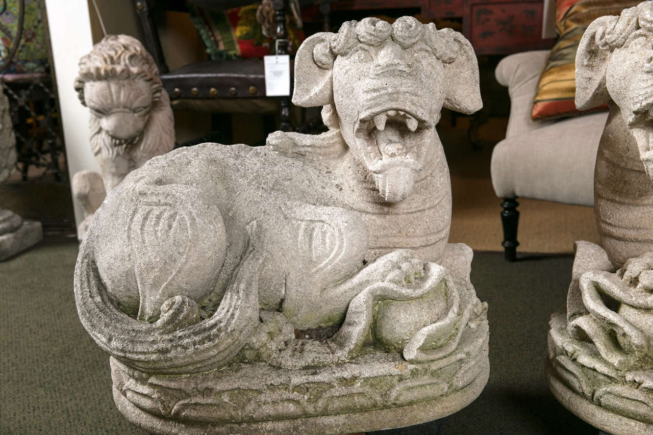 Carved Stone Foo Dogs In Good Condition For Sale In Stamford, CT