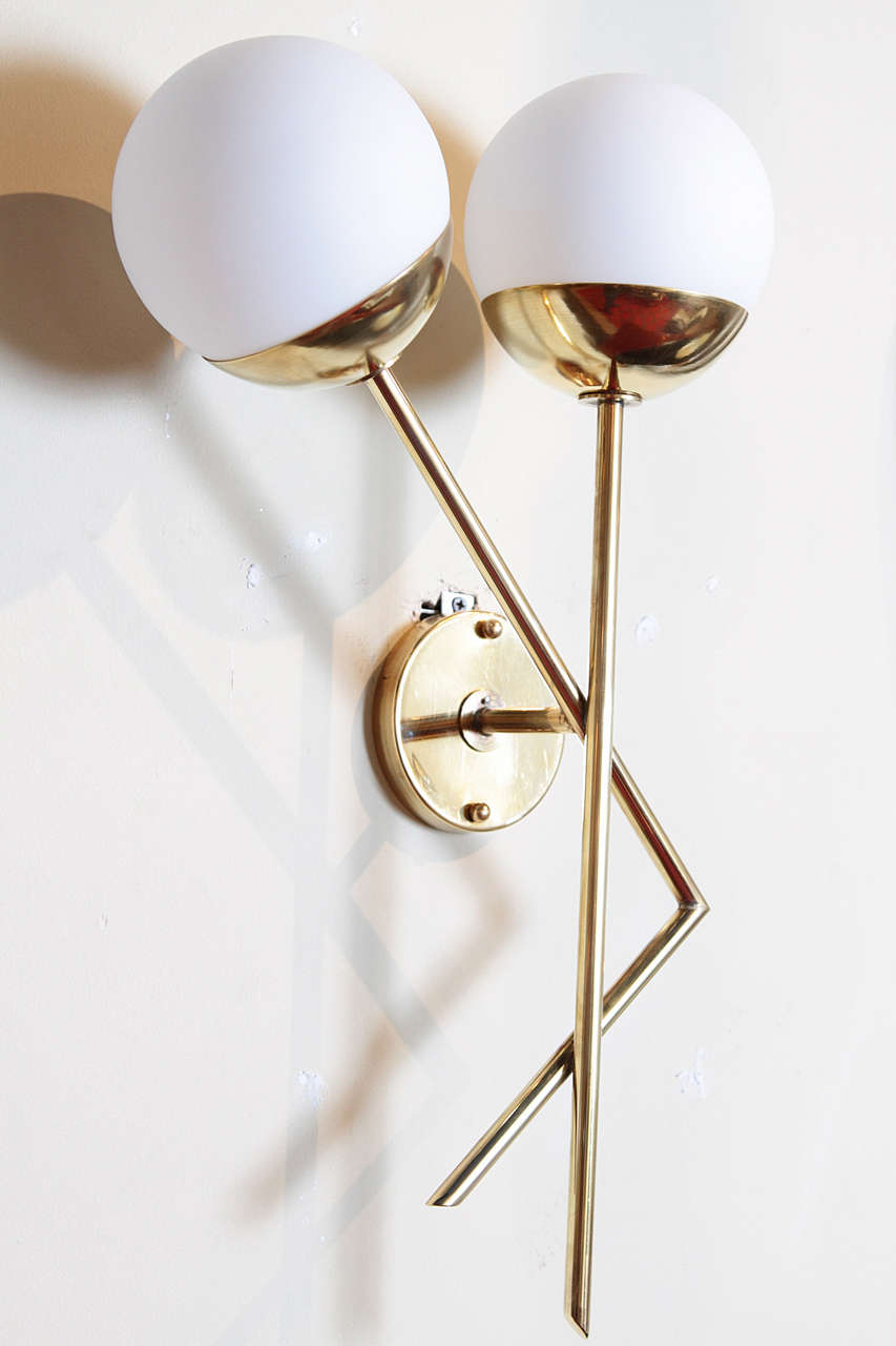 Mid-Century Modern Pair of Brass and White Glass Sconces in the Style of Stilnovo For Sale