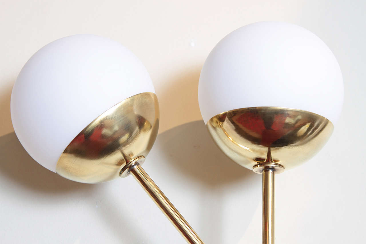 Italian Pair of Brass and White Glass Sconces in the Style of Stilnovo For Sale