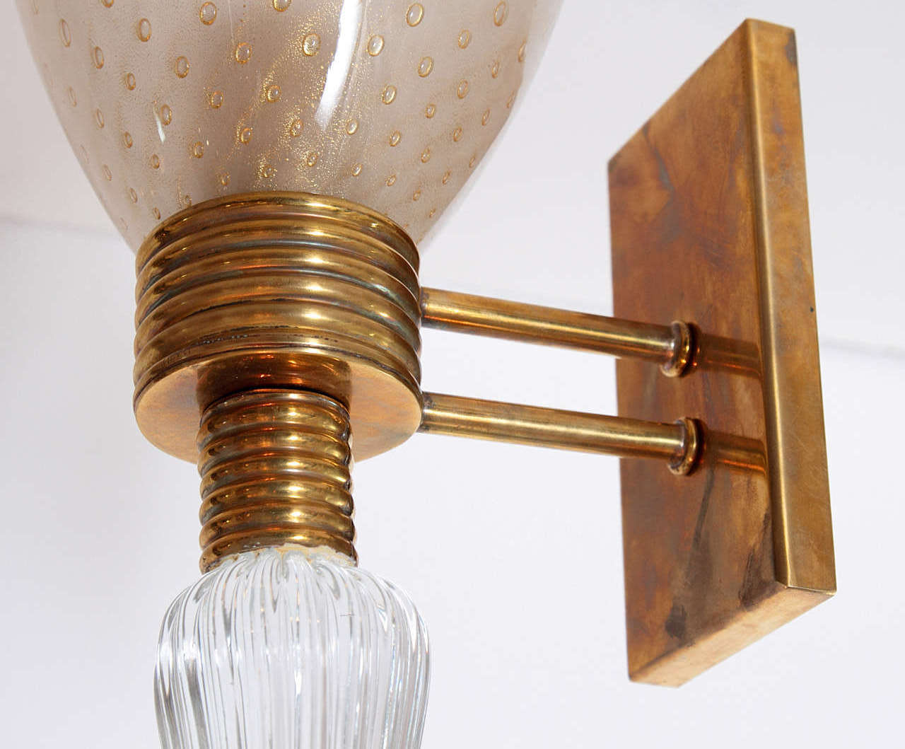 Brass Opaline Sconces with Controlled Bubbles and Inverted Teardrop Finials For Sale