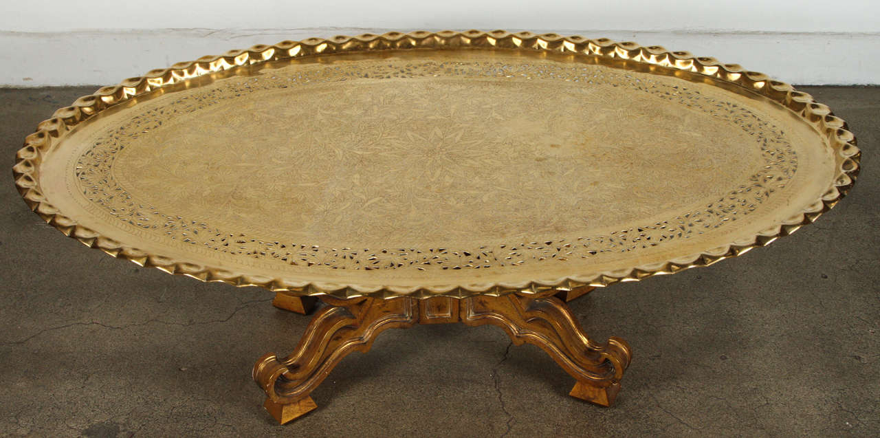 Very large Moroccan inspired Mid-Century Modern oval polished brass tray table 55