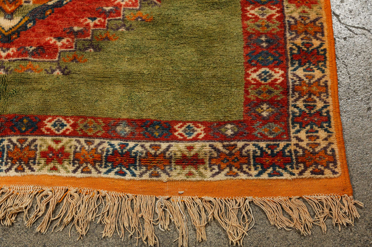 Wool Vintage Moroccan Tribal Green and Orange Rug For Sale