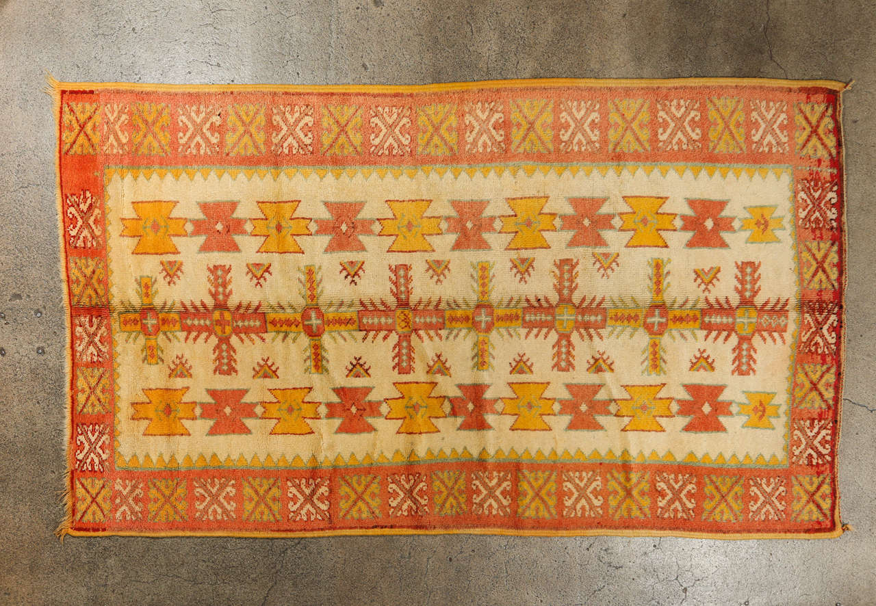 Great one of a kind, vintage Moroccan tribal rug runner with oranges hues geometrical design, free style, Great cors, great design.
Hand-woven by Berber tribes from Morocco.
Dimensions: 4 ft. W x 7 ft. L.
Moroccan rugs, also known as Berber rugs or