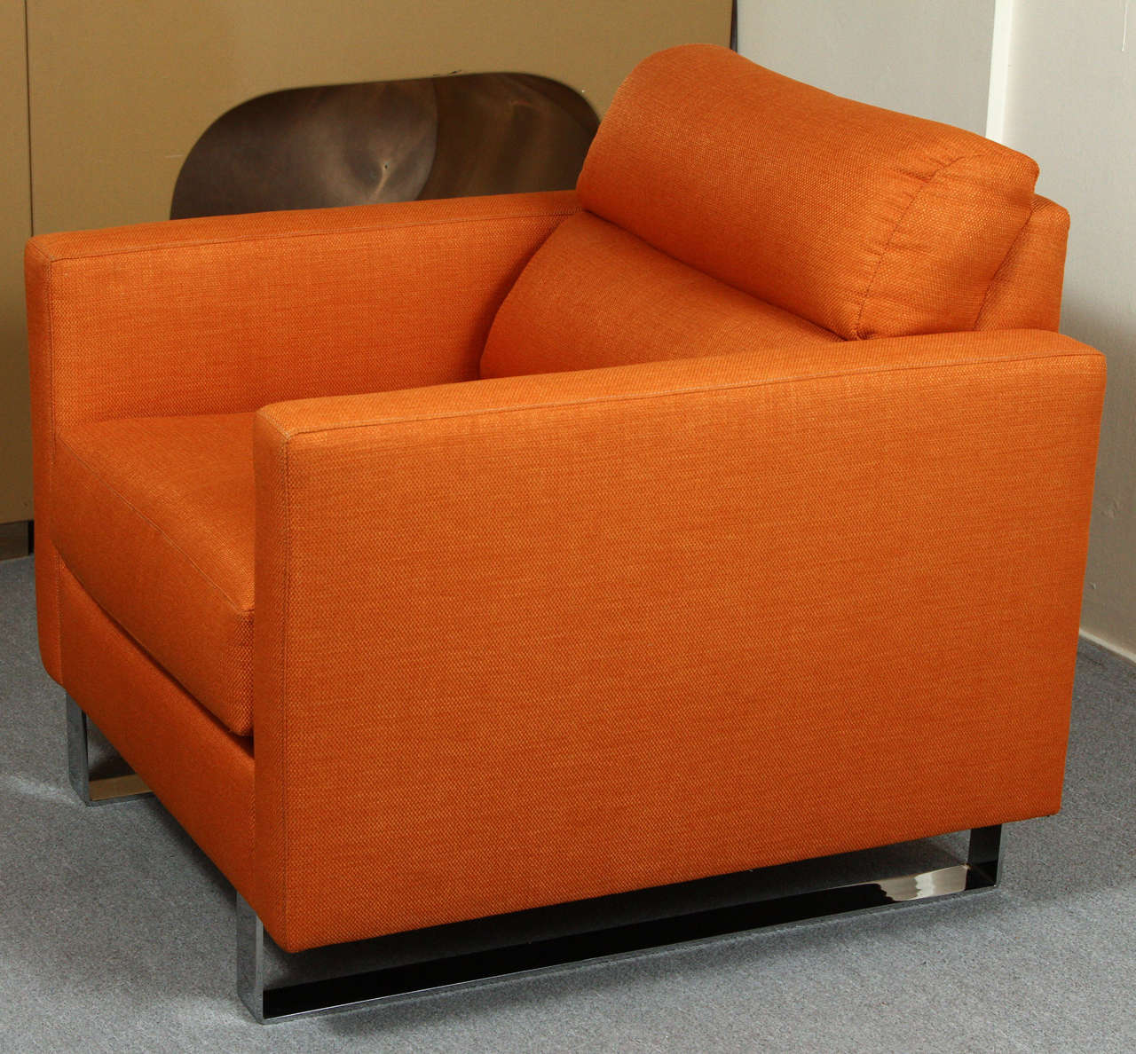 Chrome Pair of Stylish Modernist Club Chairs Upholstered in a Beautiful Orange Fabric