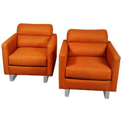 Pair of Stylish Modernist Club Chairs Upholstered in a Beautiful Orange Fabric