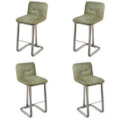 Four Lion in Frost Upholstered Bar Stools with Thick Lucite Bases