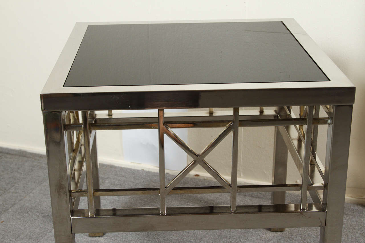Pair of Campaign Style Side Tables in Metal and Black Glass In Good Condition For Sale In New York, NY
