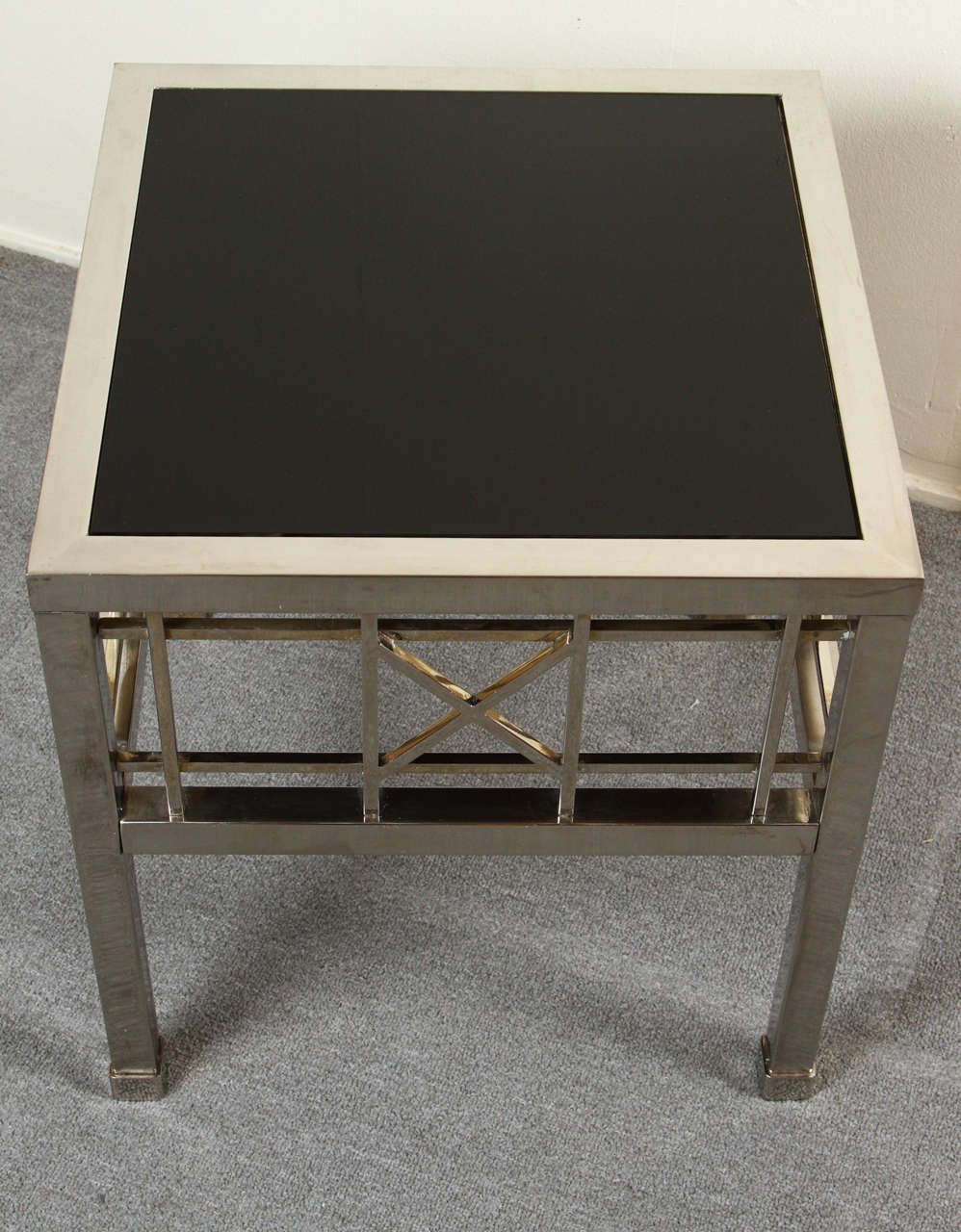 Pair of Campaign Style Side Tables in Metal and Black Glass For Sale 5