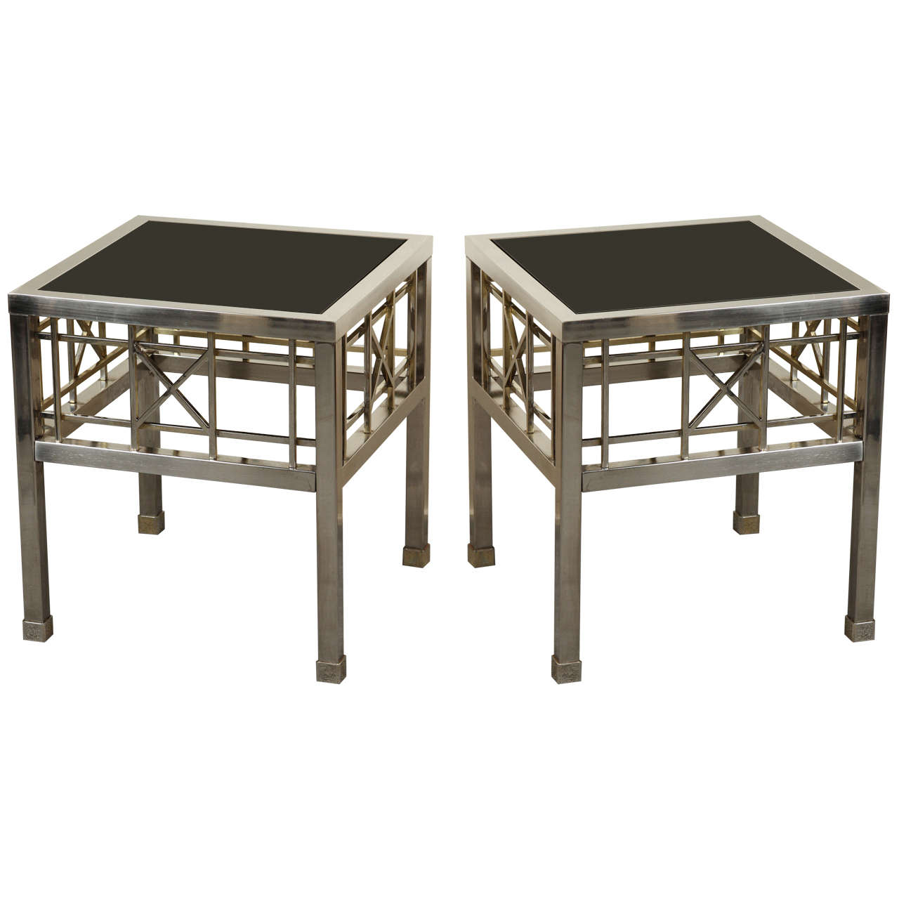 Pair of Campaign Style Side Tables in Metal and Black Glass For Sale
