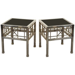 Vintage Pair of Campaign Style Side Tables in Metal and Black Glass