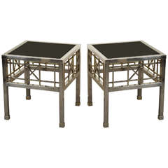 Pair of Campaign Style Side Tables in Metal and Black Glass 10