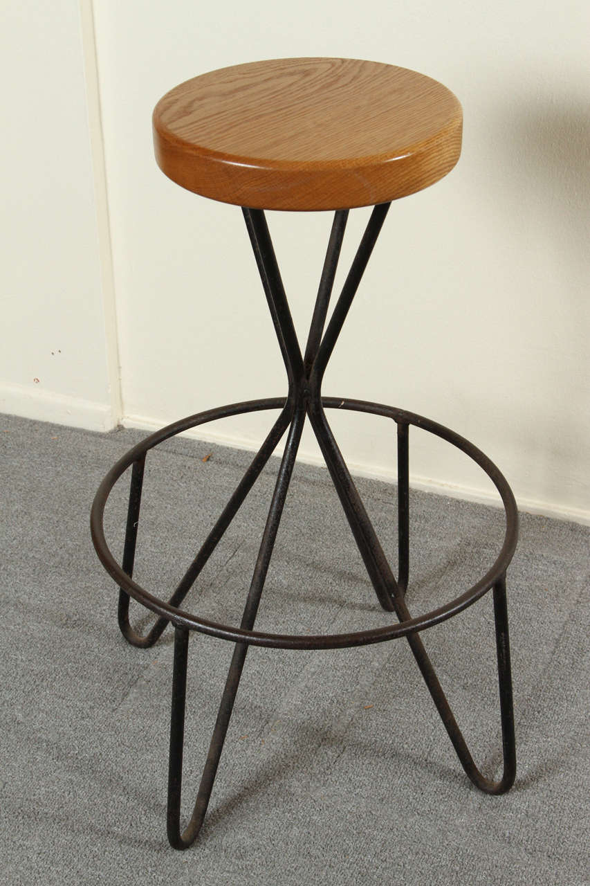 American Four Beautiful Wrought Iron and Oak Barstools
