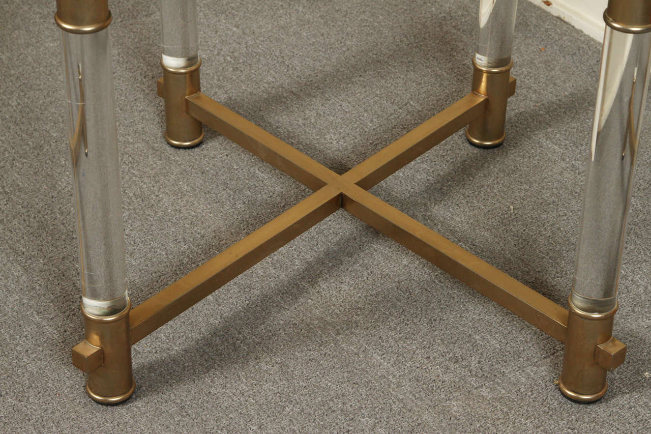 Set of Eight Lucite Dining Chairs with Lucite and Brass Legs and Trim