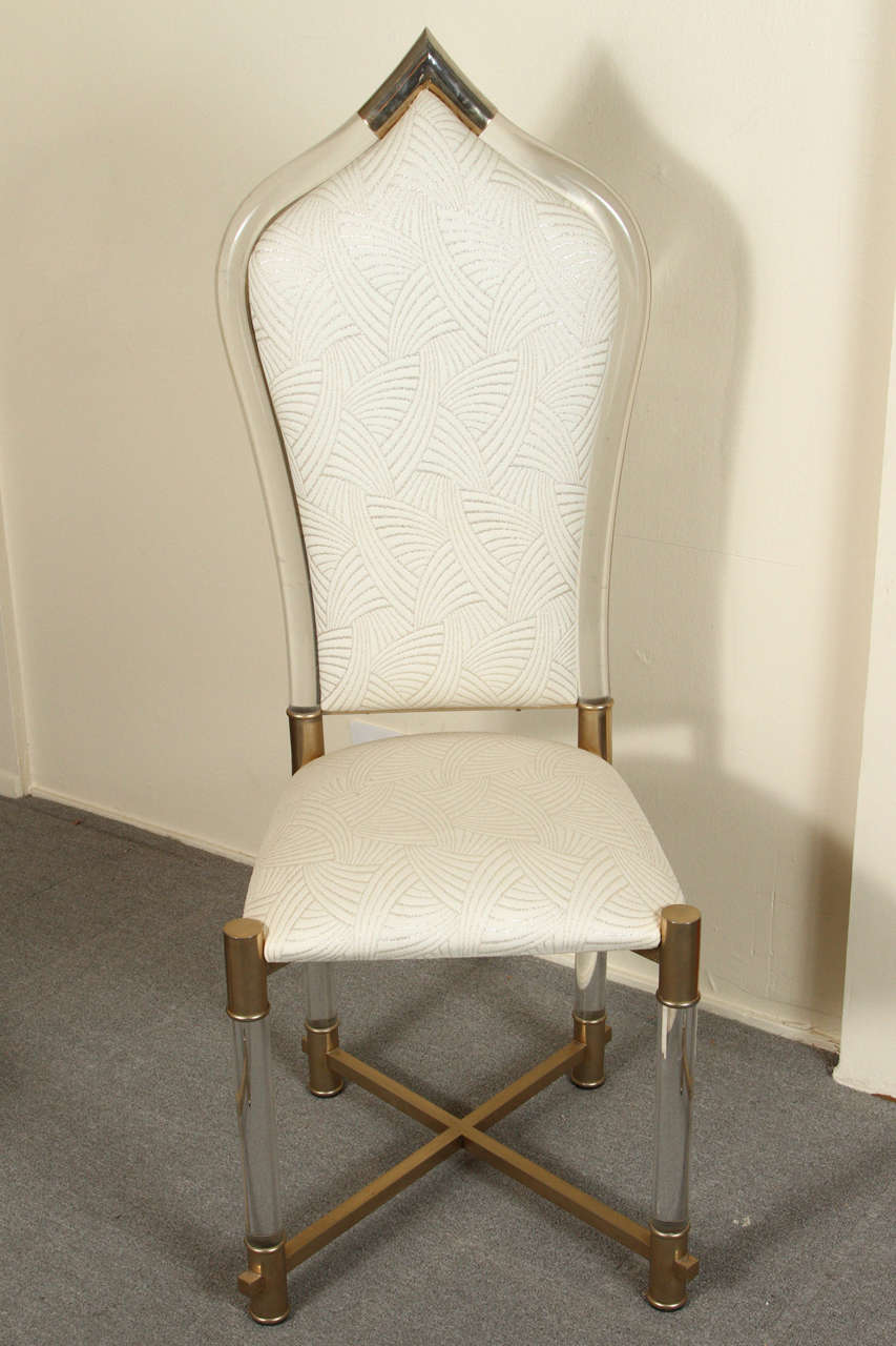 Set of Eight Lucite Dining Chairs with Lucite and Brass Legs and Trim