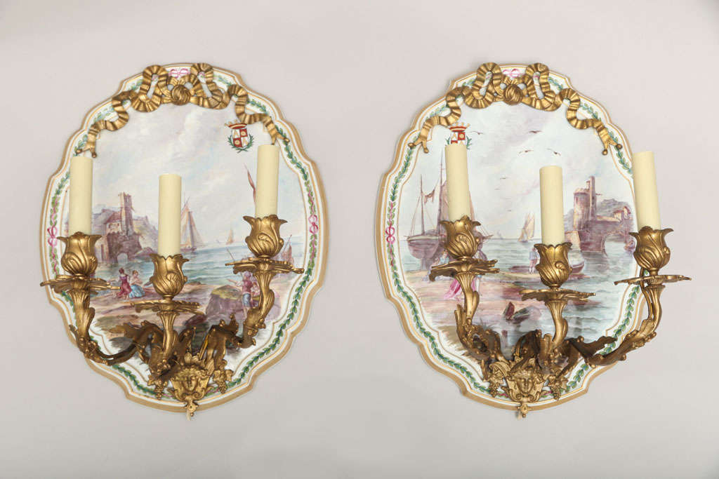 A Pair of Faience Sconces with Hand Painted Scenic Decoration
