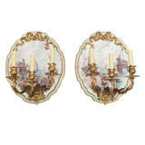 A Pair of Faience Sconces with Hand Painted Scenic Decoration