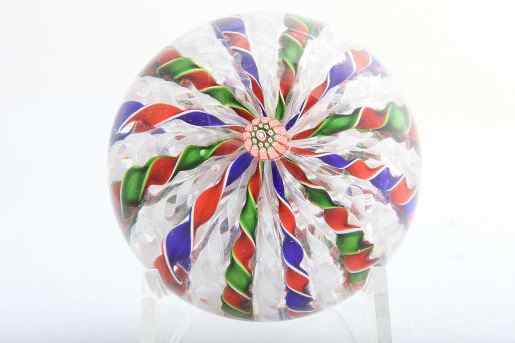 A rare antique St. Louid three color crwon paperweight with red and green twists alternating with red and blue twists