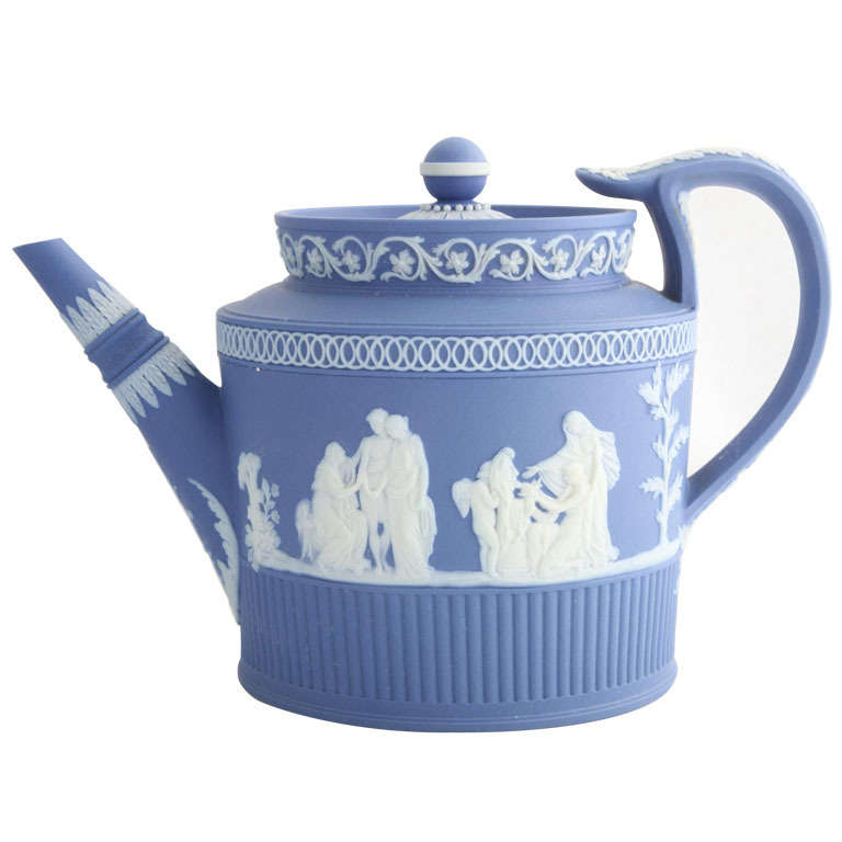 A Rare Unmarked Adams Blue And White Jasper Teapot For Sale