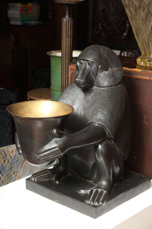 Art Deco Black Patinated Bronze Lamp, cast in the form of a baboon sitting on its haunches, cast mark to bronze Caurtier 12/12