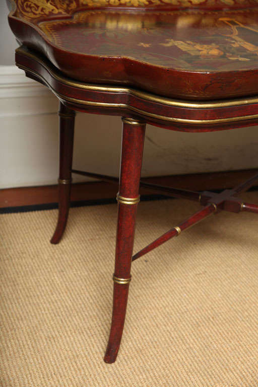 Very Fine red papier mache chinoiserie tray on stand, c.1840 3