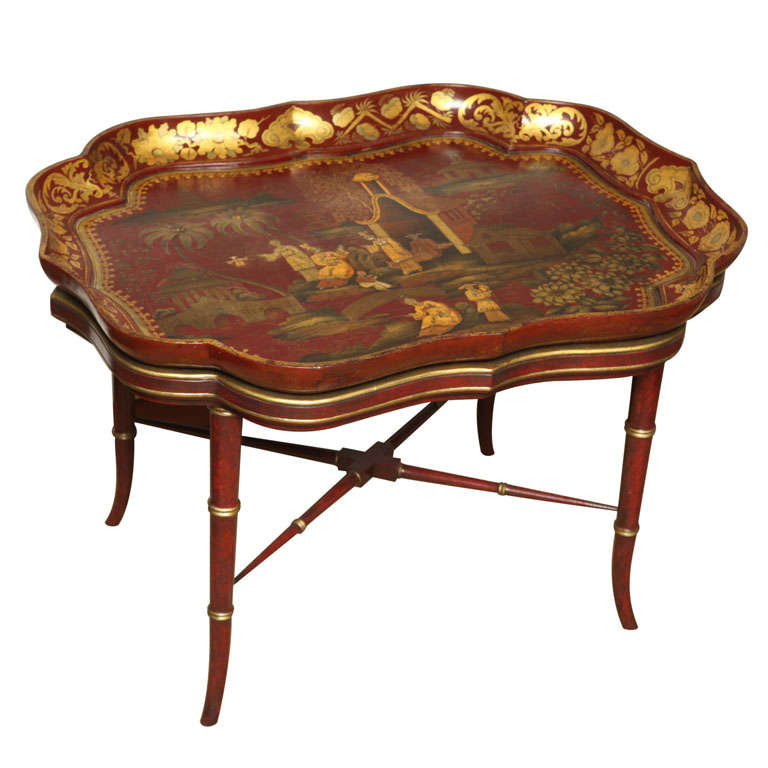 Very Fine red papier mache chinoiserie tray on stand, c.1840