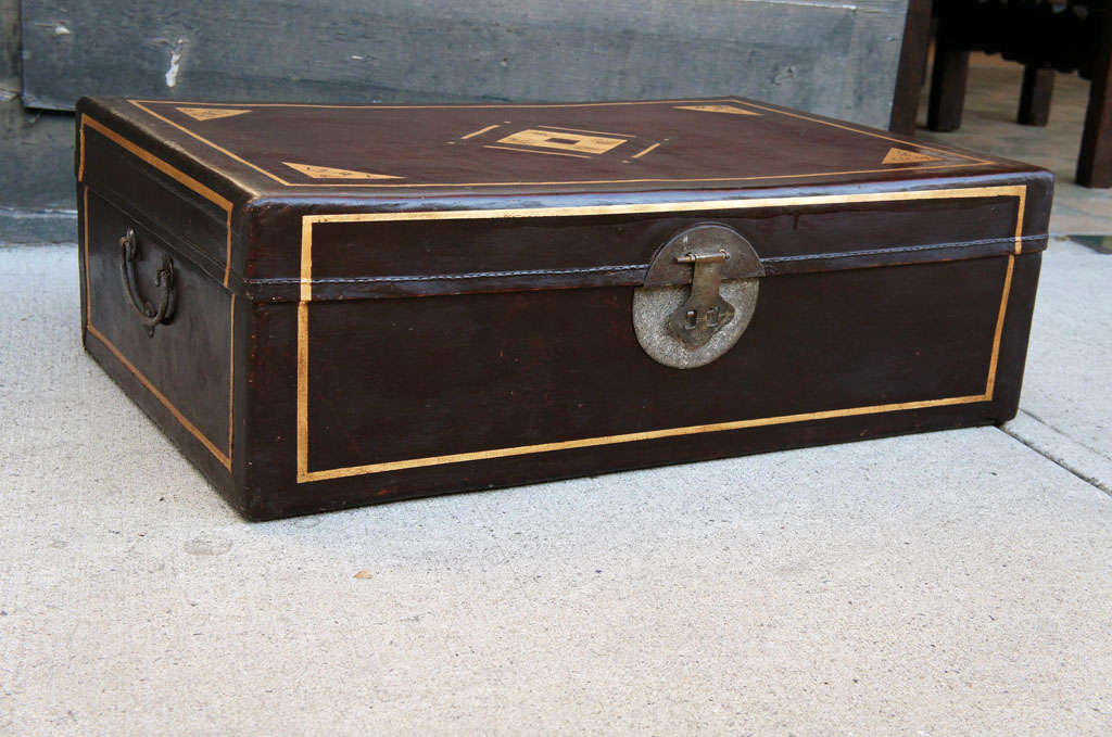 Bronze Chinese 19th Century Gilt Decorated Pig Skin Trunk
