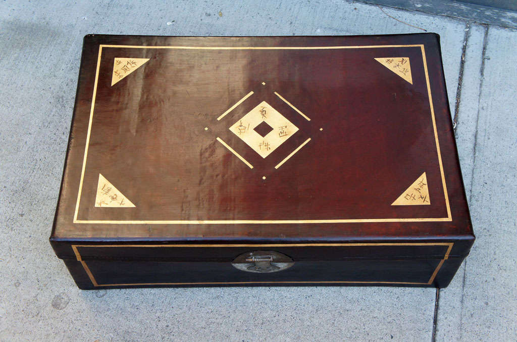 Chinese 19th Century Gilt Decorated Pig Skin Trunk 1