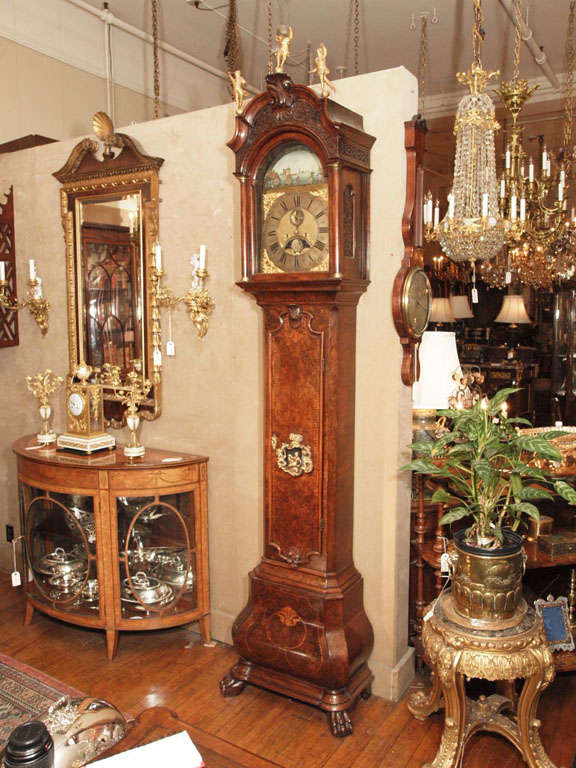 Antique 18th Century Dutch Marquetry Tall Case Clock<br />
Striking Second Hand Calendar Moon Phase with Automaton face, Dual train<br />
<br />
Thomas Thomson, maker