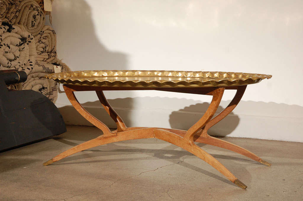 Hand-Carved Brass Tray Table on Folding Spider Wooden Stand