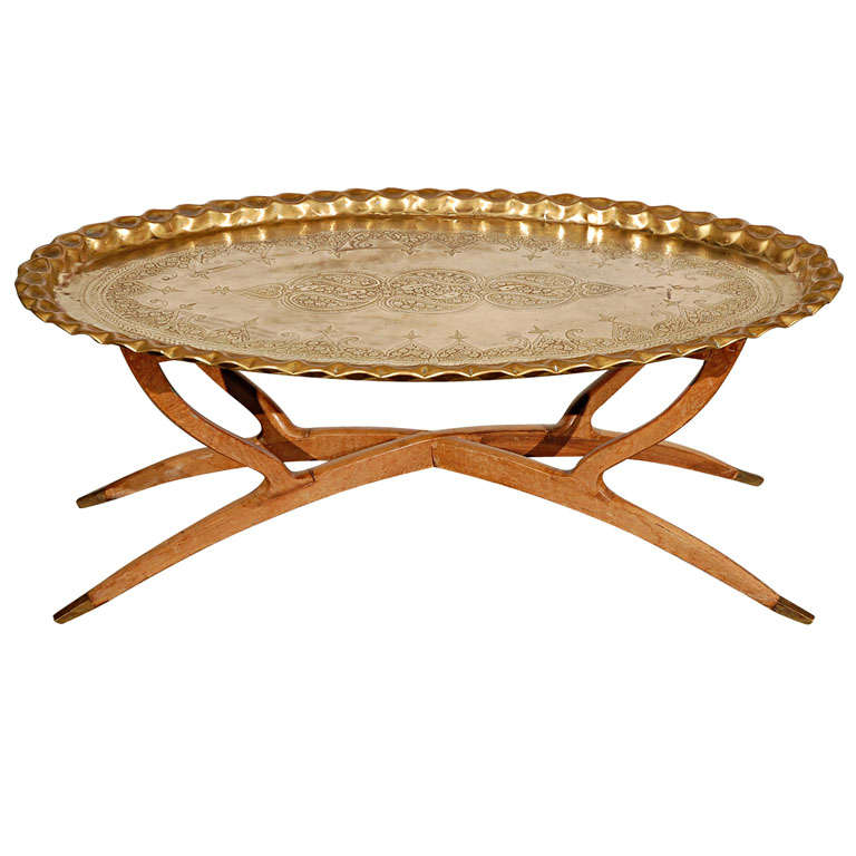Brass Tray Table on Folding Spider Wooden Stand