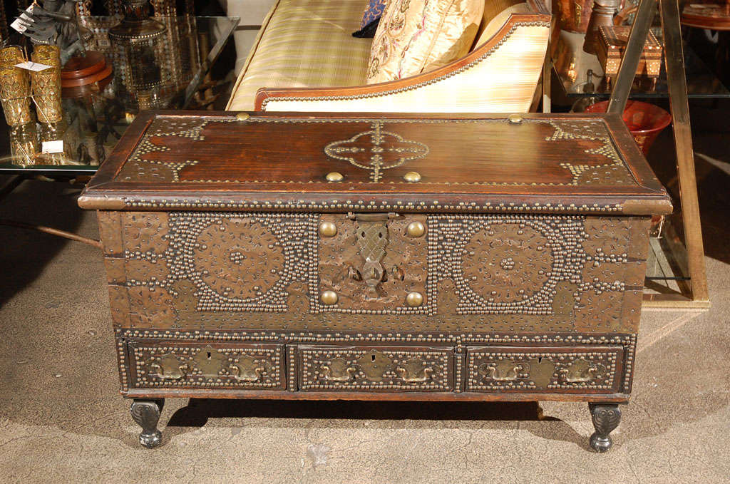 Late 18th early 19th century Spanish Moorish brass studded blanket trunk with 3 drawers.<br />
<br />
<br />
Mosaik provides Antiques,Art Deco, Moorish Style, Spanish, African, Islamic Art, Arabian, Middle Eastern, Egyptian, Syrian Style,Indian,