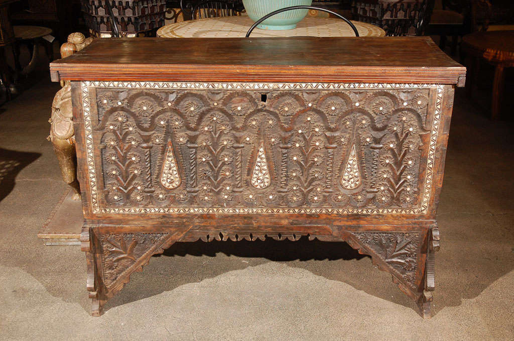 Hardwood Antique Moorish Syrian Wedding Chest Inlaid With Mother of Pearl