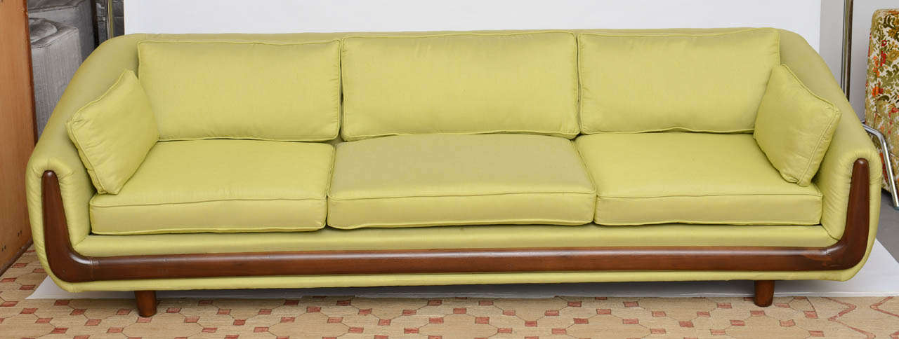 Beautifully restored Pearsall walnut trim couch. Fabric and wood restored. 1960s