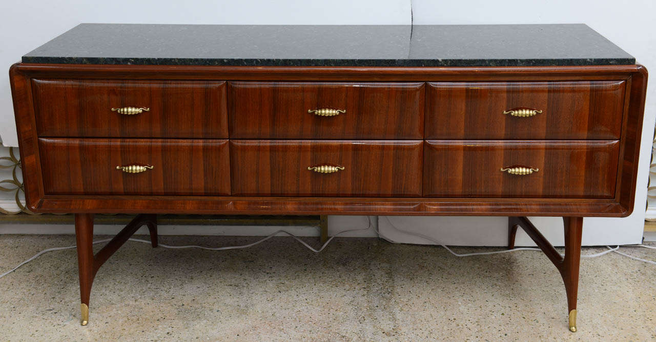 Italian Modern Mahogany 6 Drawer Sideboard Inset Marble Top, Paolo Buffa, 1950&#