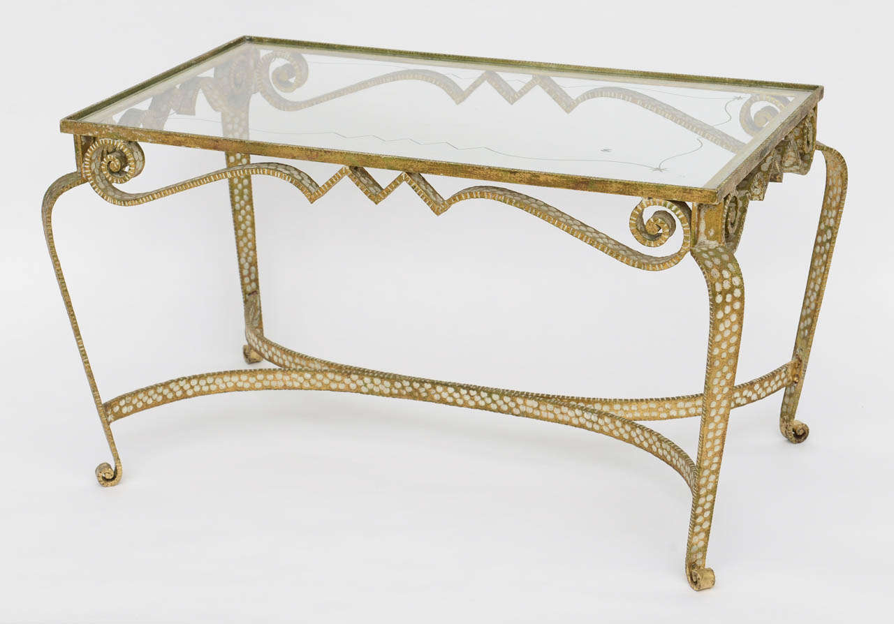 Mid-Century Modern Italian Modern Hand-Hammered Gilt Iron and Glass Low Table, Pier Luigi Colli For Sale