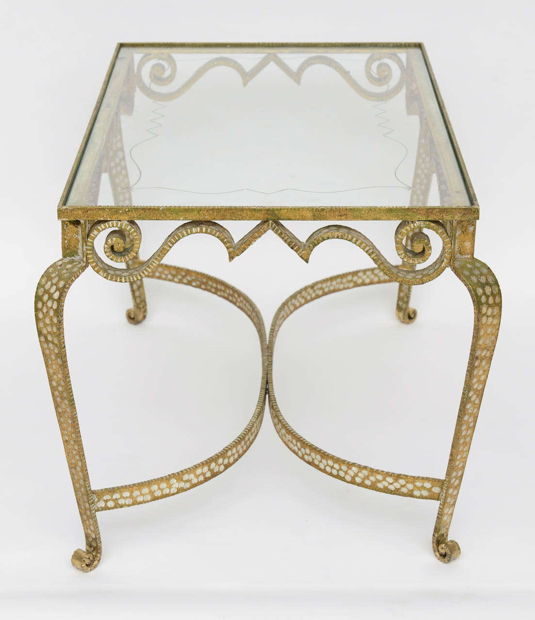 Mid-20th Century Italian Modern Hand-Hammered Gilt Iron and Glass Low Table, Pier Luigi Colli For Sale